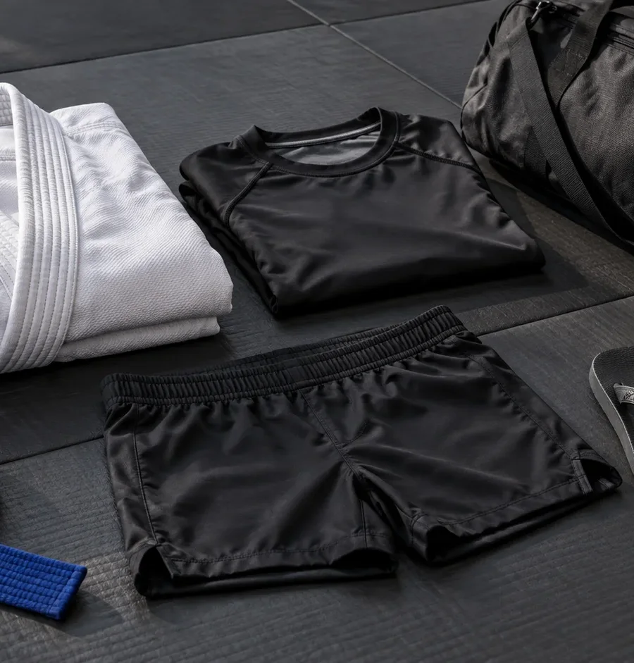 Strój treningowy BJJ Gi i No-Gi ułożony na macie wraz z klapkami i ręcznikiem