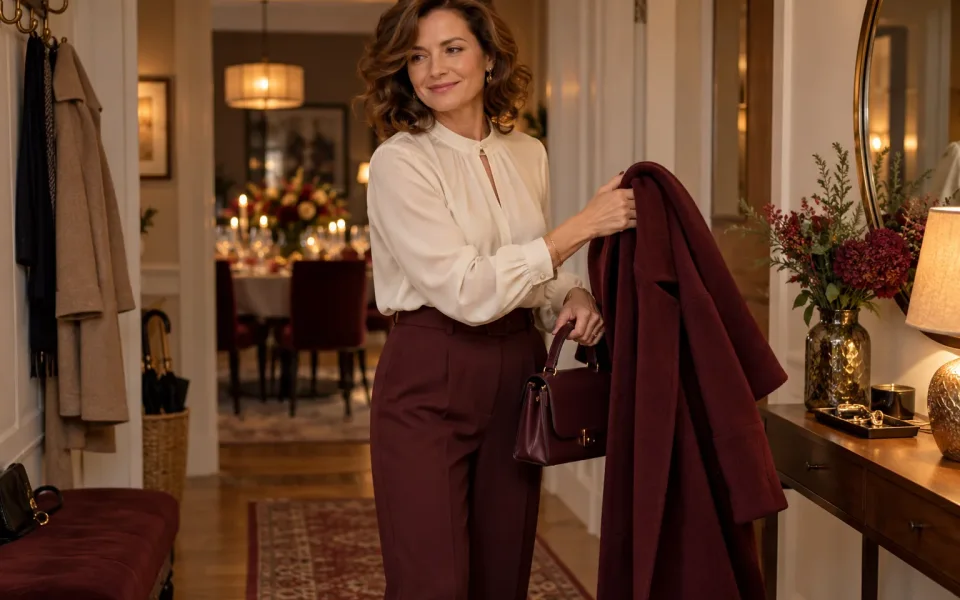 Kobieta w eleganckiej bluzce i spodniach przygotowuje płaszcz oraz małą torebkę przed rodzinnym przyjęciem