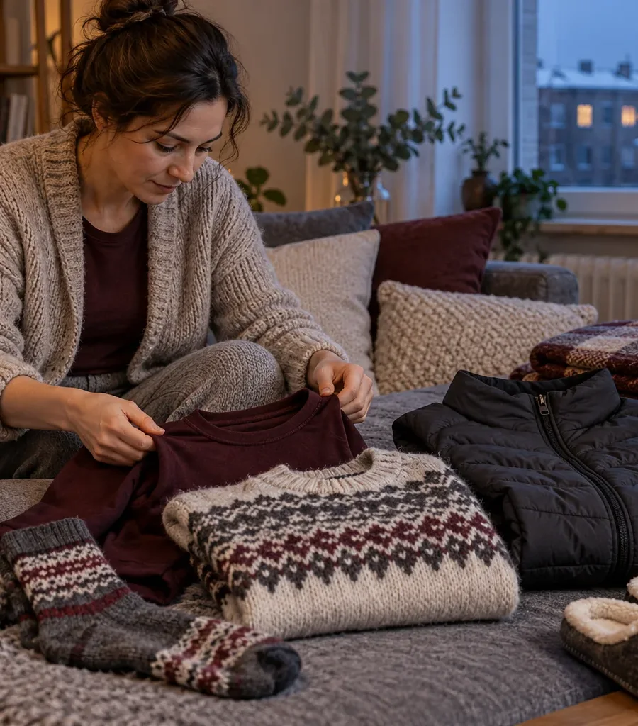Kobieta układa suchą bazę, sweter, kamizelkę, skarpety i domowe obuwie w chłodnym mieszkaniu