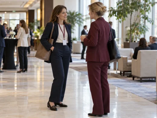 Uczestniczka konferencji w marynarce, prostych spodniach i wygodnych butach rozmawia w hotelowym foyer