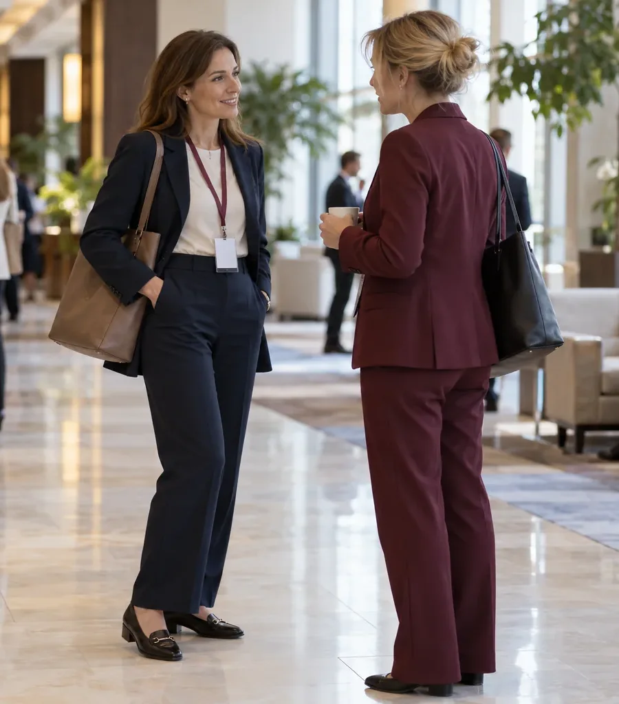 Uczestniczka konferencji w marynarce, prostych spodniach i wygodnych butach rozmawia w hotelowym foyer