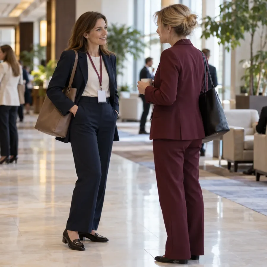 Uczestniczka konferencji w marynarce, prostych spodniach i wygodnych butach rozmawia w hotelowym foyer